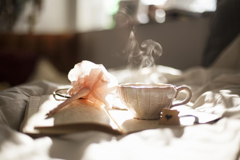 Steaming teacup with a flower on an open book on a soft bed