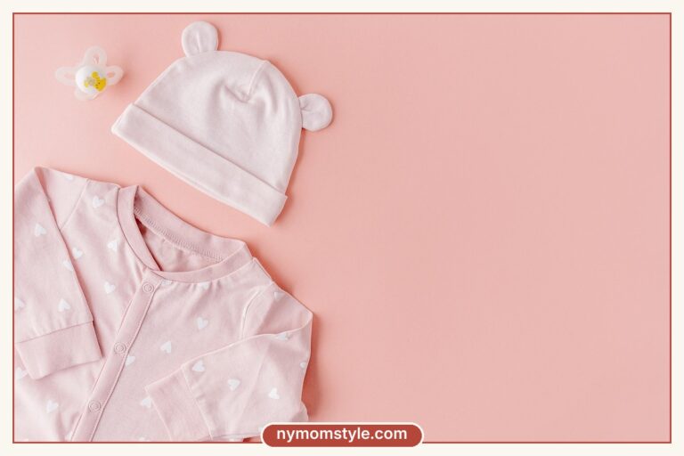 Flat lay of a pink baby sleepsuit and hat on a pink background, ready for the trip home