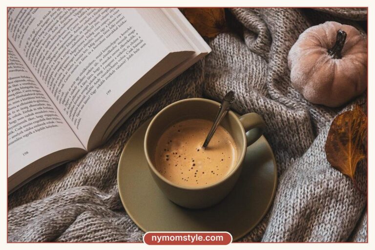 Cup of coffee and an open book on a soft knit blanket, a cosy postpartum rest moment
